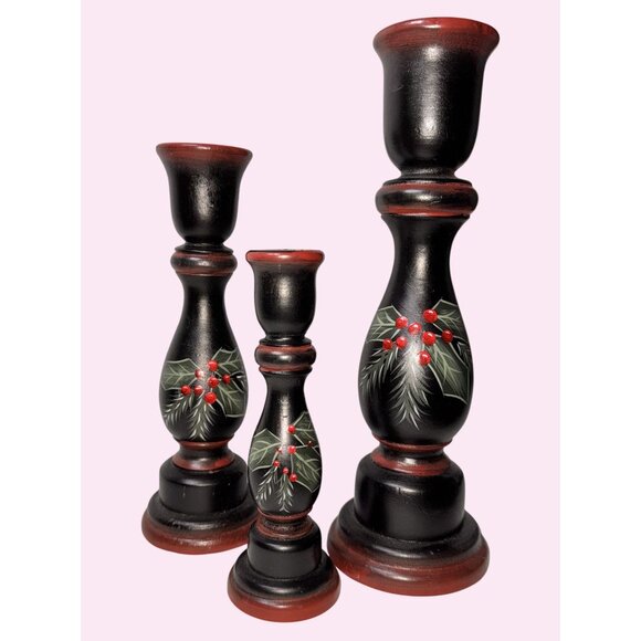 Hand-Painted Holly Berry Wooden Candle Holder rustic farmhouse christmas vintage - Picture 4 of 7